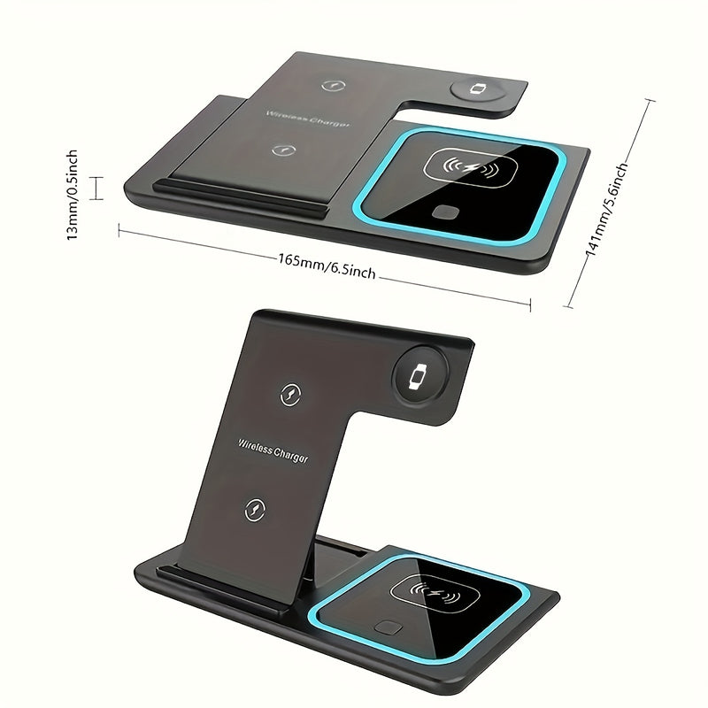 3in 1 Fast Charging Station, Folding Wireless Charger Stand for iPhone 16, 15, 14,13,12,11/Pro/Max/Mini/Plus, X, XR, XS/Max, SE, 8/Plus, for Apple Watch 1-9, for Airpods 3/2/Pro, TIMESS